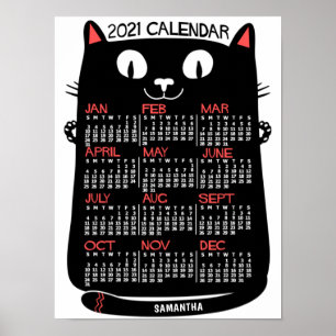 2021 Jahresmonatskalender Mid-Century Schwarze Kat Poster