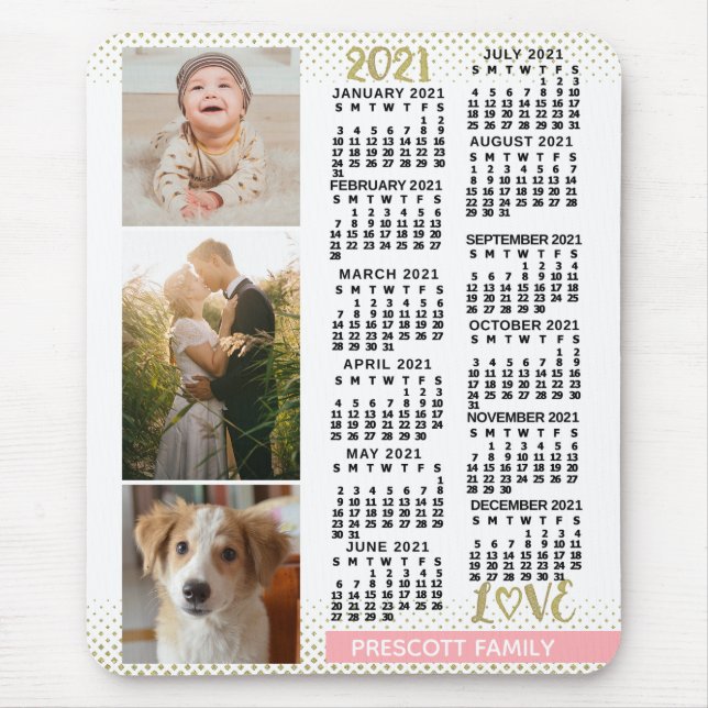 2021 Kalender Rosa Gold Familienfoto Collage Mousepad (Vorne)