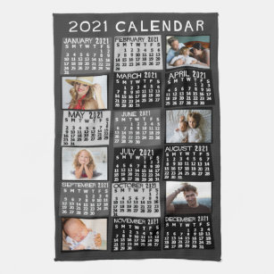 2021 Monatlicher Kalender FotoCollage Mod Black Geschirrtuch