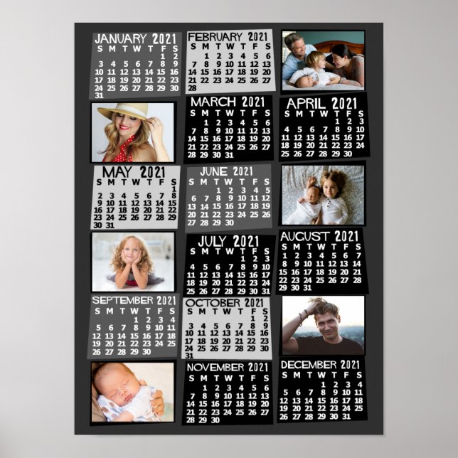 2021 Monatlicher Kalender FotoCollage Mod Black Poster (Vorne)