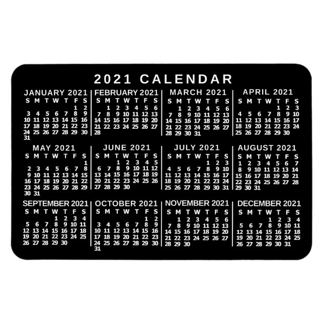 2021 Monatlicher Kalender Klassisch Schwarz und We Magnet (Horizontal)