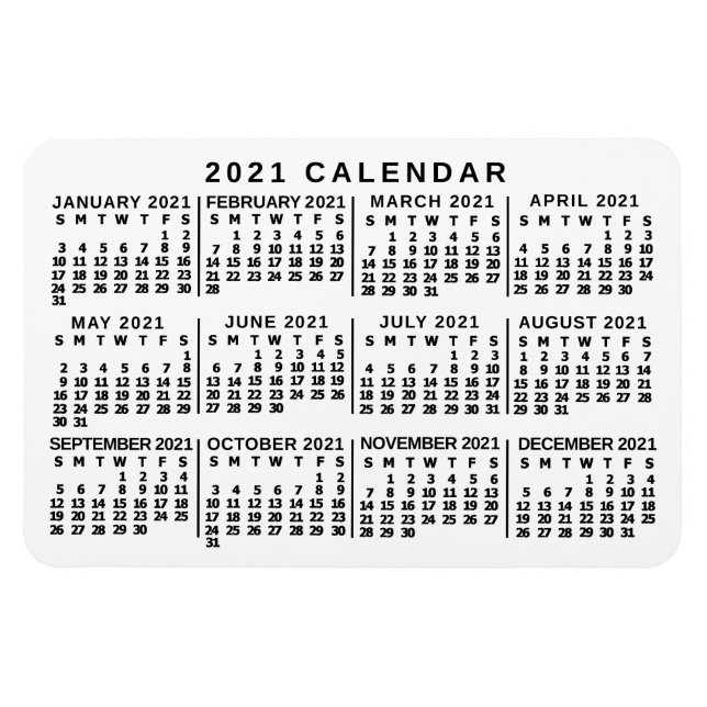 2021 Monatskalender Klassisch Weiß und Schwarz Magnet (Horizontal)