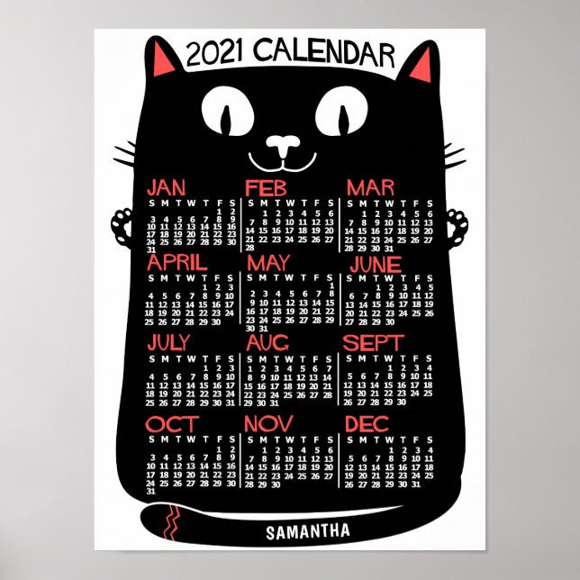 2021 Monatskalender Mittelalterliche Schwarze Katz Poster (Vorne)