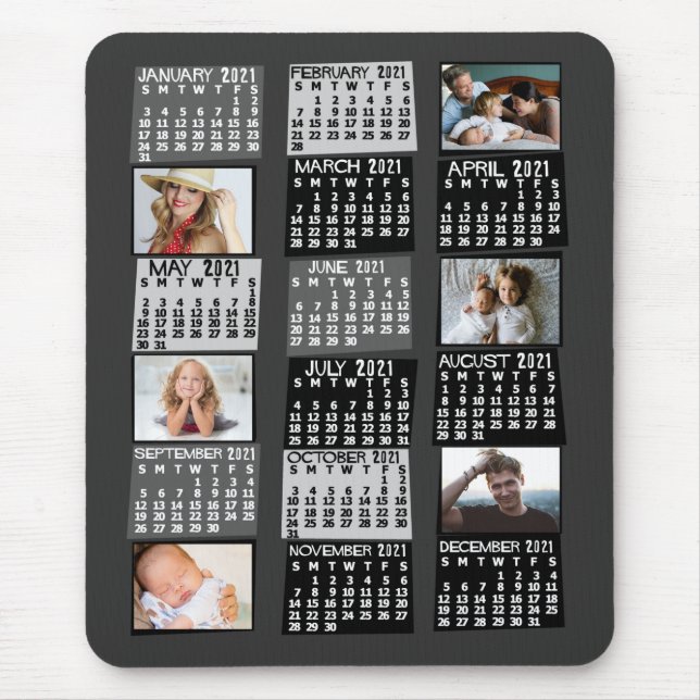 2021 Monatskalender Mod Schwarzes FotoCollage Mousepad (Vorne)