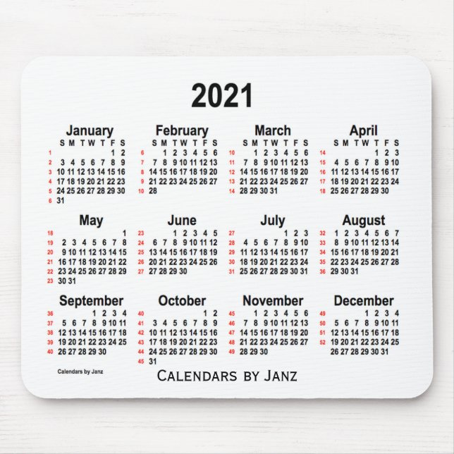2021 Weißer 52-Wochen-Kalender von Janz Mousepad (Vorne)