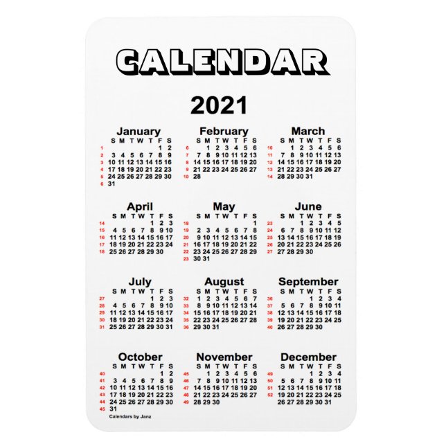 2021 White 52 Weeks Calendar by Janz 4x6 Magnet (Vertikal)