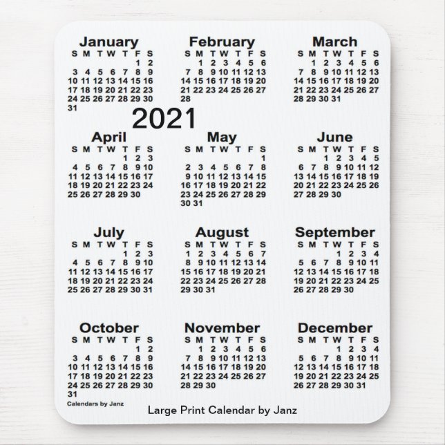 2021 White Large Print Calendar von Janz Mousepad (Vorne)