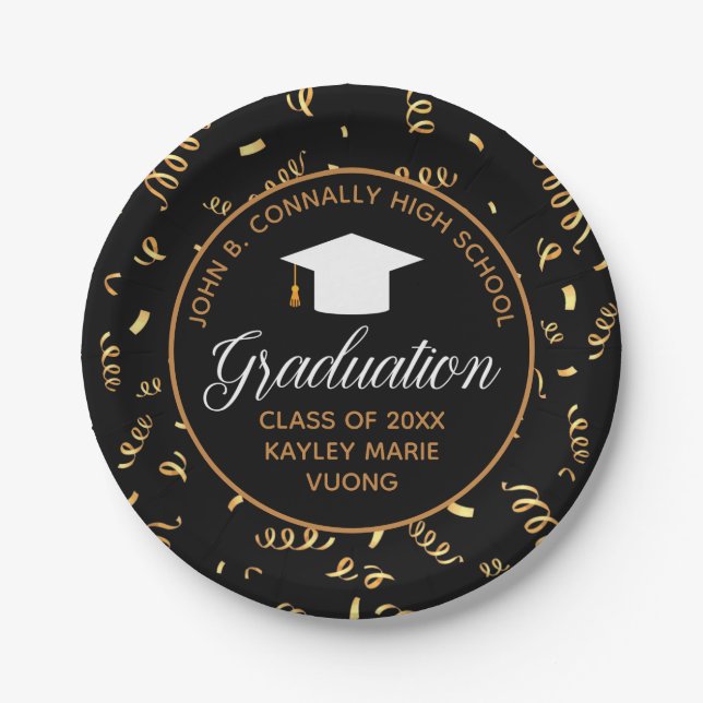 2022 Abschluss Black Gold Streamers Custom Party Pappteller (Vorderseite)