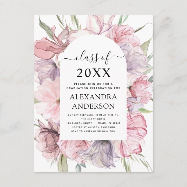 2022 Abschluss Boho Dusty Pink Lila Einladung Postkarte (Vorderseite)