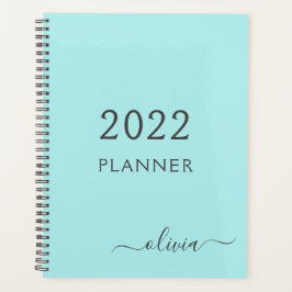 2022 Aqua Blue Aquamarin Girly Script Monogram Nam Planer