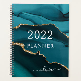 2022 Aquamarines Aqua Blue Gold Agate Geode Script Planer