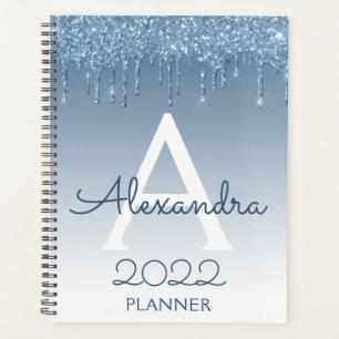 2022 Blaue Glitter-Tropfen Funkeln Monogramm Planer