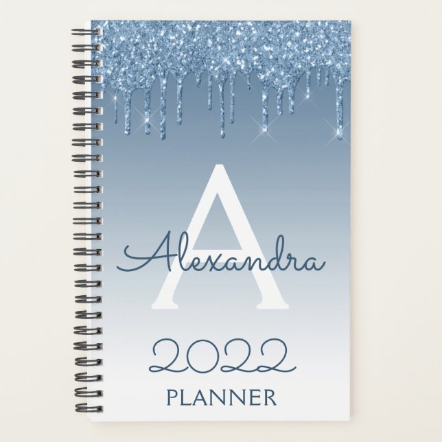 2022 Blaue Glitter-Tropfen Funkelnde Monogramm Planer (Vorderseite)
