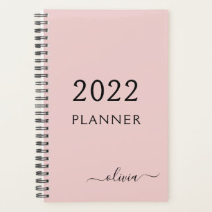 2022 Blush Pink Girly Script Monogram Name Modern Planer