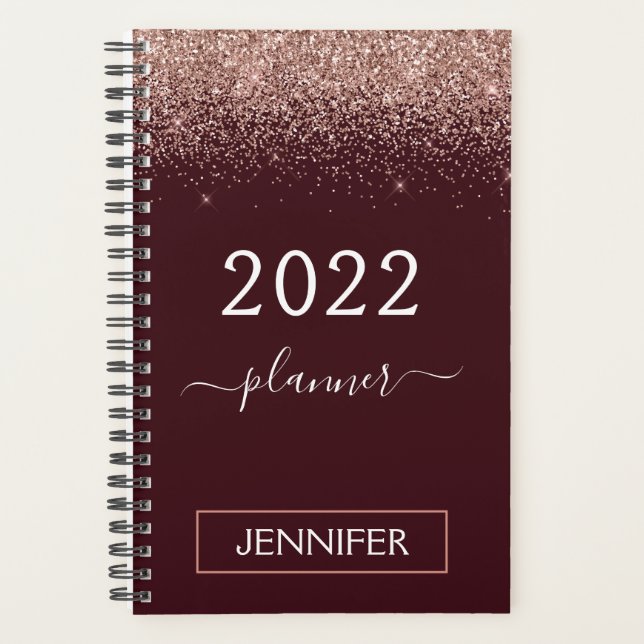 2022 Burgund Blush Pink Rose Gold Glitzer Planer (Vorderseite)