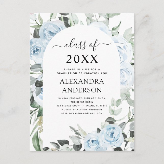 2022 Dusty Blue Abschluss Blumengrün Einladung Postkarte (Vorderseite)