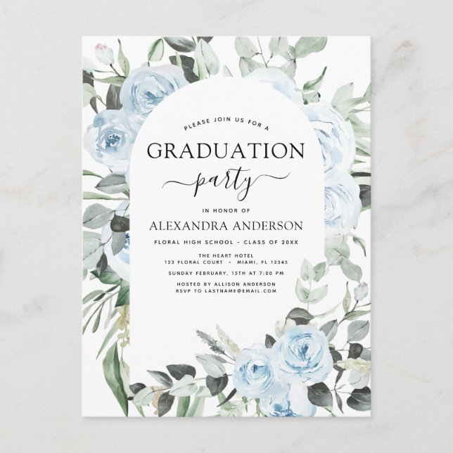 2022 Dusty Blue Abschluss Blumengrün Einladung Postkarte (Vorderseite)