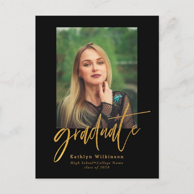 2022 Elegant Gold Black Script Foto Abschluss Einladungspostkarte (Vorderseite)