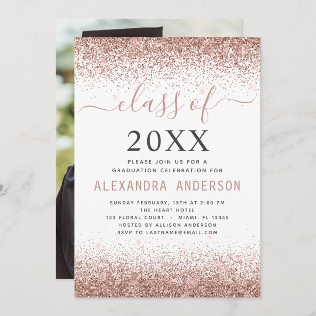 2022 Foto White Graduation Party Rosa Glitzer Einladung (Vorne/Hinten)