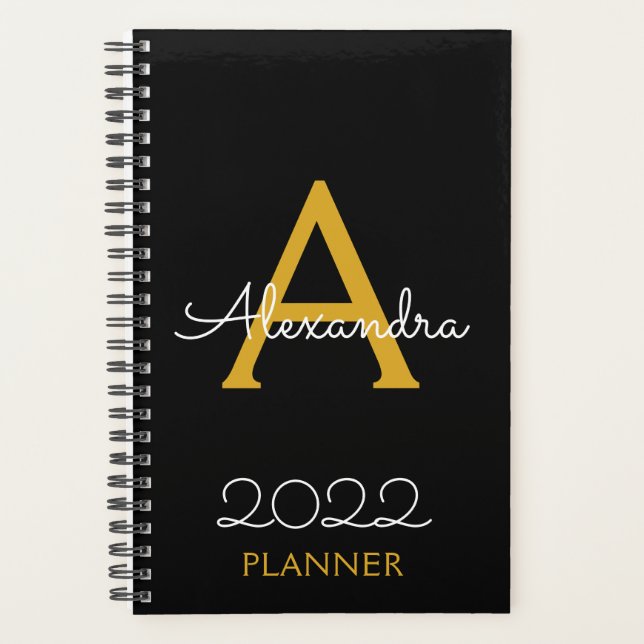 2022 Gold Black Monogram Elegant Planer (Vorderseite)