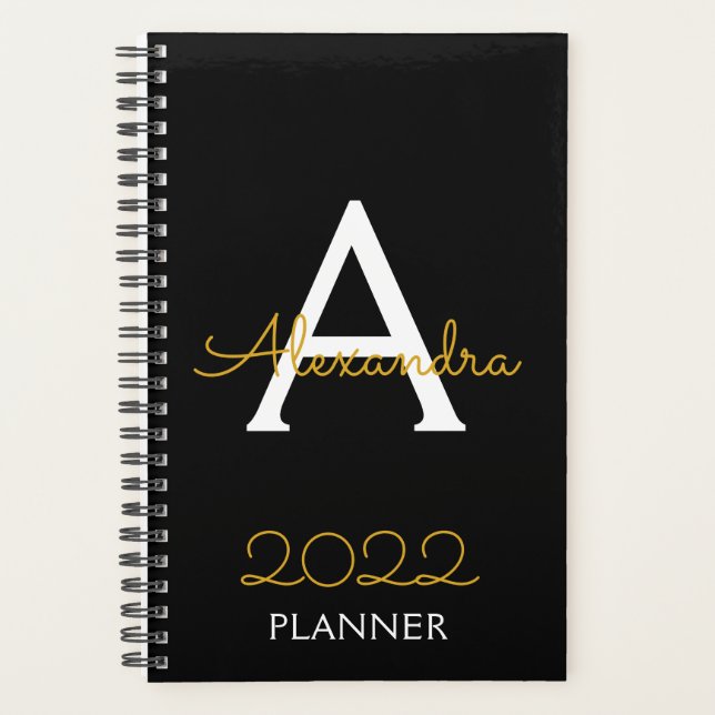 2022 Gold Black Monogram Elegant Planer (Vorderseite)