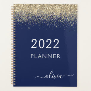 2022 Gold Navy Blue Glitzer Sparkle Glam Monogram Planer