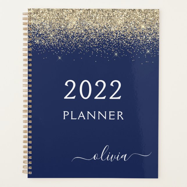 2022 Gold Navy Blue Glitzer Sparkle Glam Monogram Planer (Vorderseite)