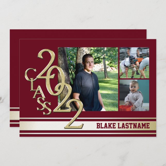 2022 Gold Varsity Stripe Grad Tri Foto Burgund Einladung (Vorne/Hinten)