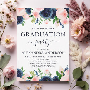 2022 Graduation Party Navy Blue Blush Pink Floral Einladung