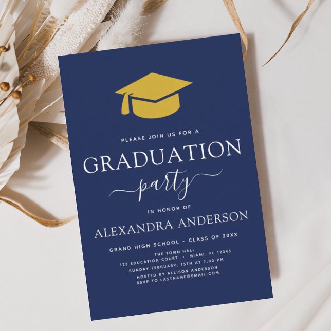 2022 Graduation Party Navy Blue Gold Elegant Einladung (Von Creator hochgeladen)