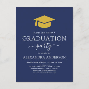 2022 Graduation Party Navy Blue Gold Elegant Invit Postkarte