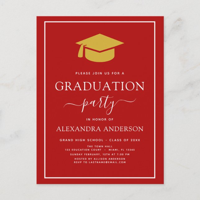 2022 Graduation Party Red Gold Color Option Invita Postkarte (Vorderseite)