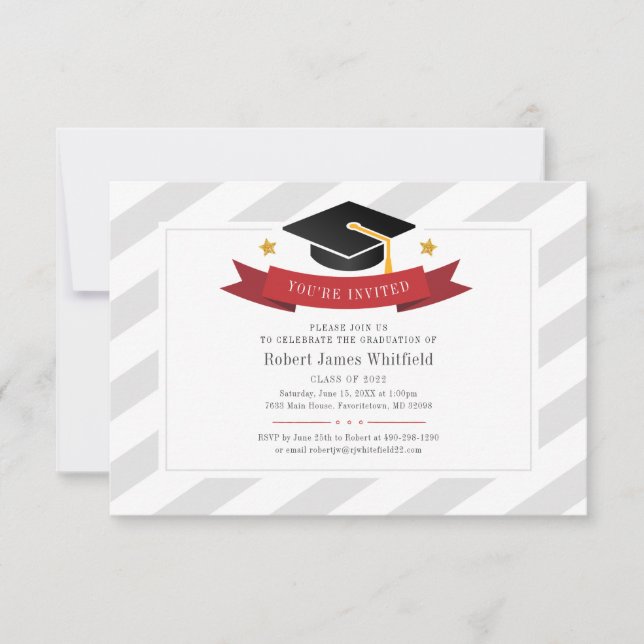 2022 Graduationspartei Grad Cap Red Gold Silver Einladung (Vorderseite)
