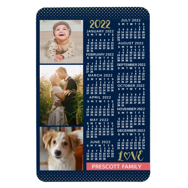 2022 Kalender Navy Koral Gold Familie Foto Collage Magnet (Vertikal)