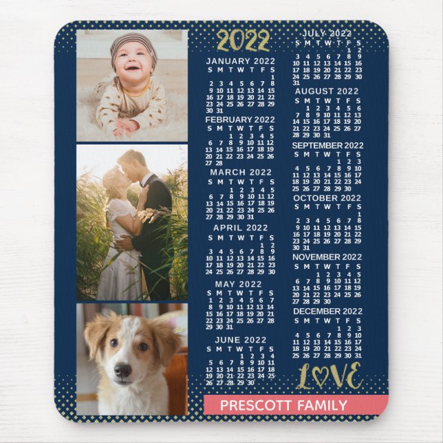 2022 Kalender Navy Koral Gold Familie Foto Collage Mousepad (Vorne)