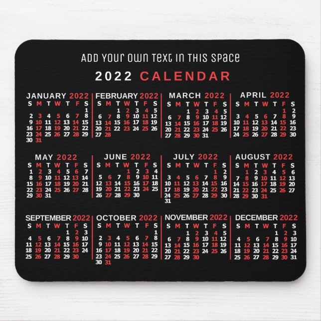 2022 Monatlicher Kalender Custom Black Red White Mousepad (Vorne)