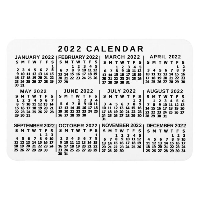 2022 Monatskalender Klassisch Weiß und Schwarz Magnet (Horizontal)