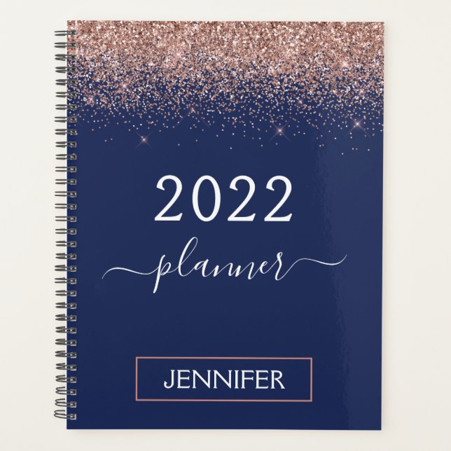 2022 Navy Blue Monogram Glitzer Pink Rose Gold Planer (Vorderseite)