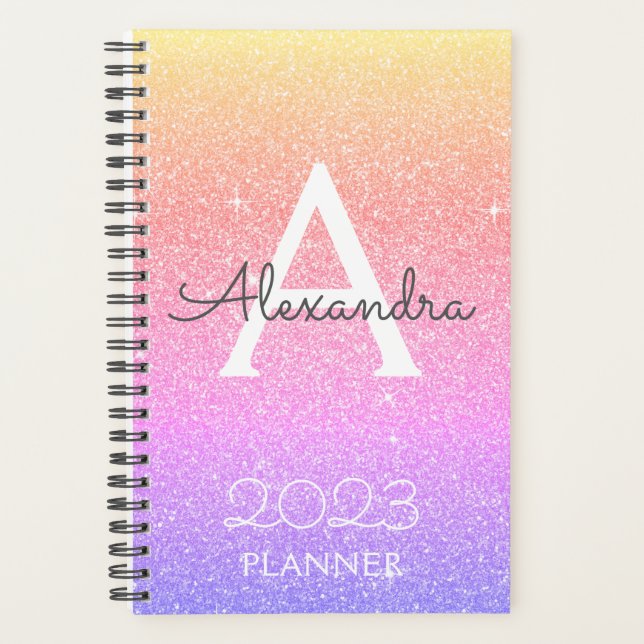 2022 Rainbow Pastel Glitzer Sparkle Monogram Planer (Vorderseite)
