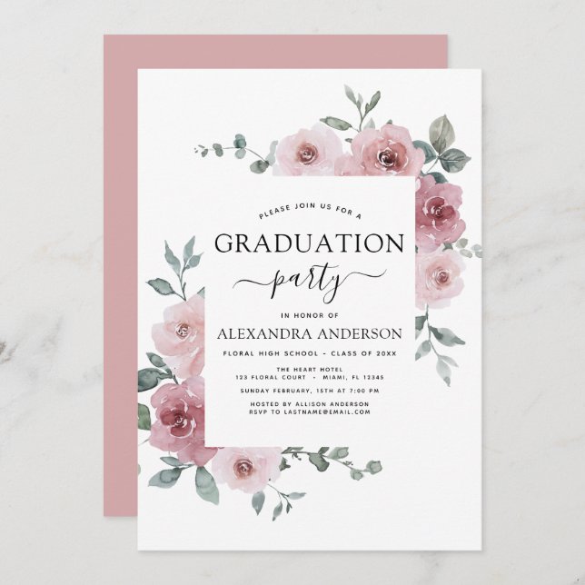 2022 Rosa Abschluss Blumengrün Einladung (Vorne/Hinten)