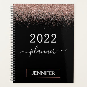 2022 Rose Gold Blush Pink Black Glitzer Monogram Planer