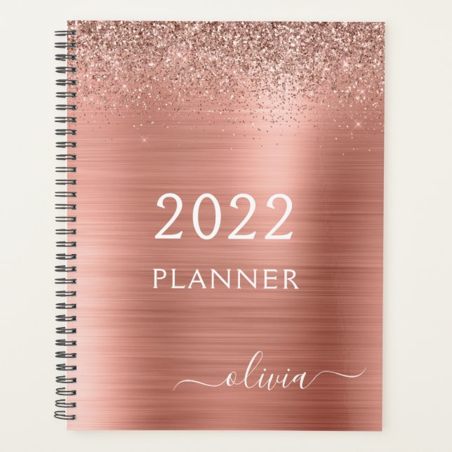 2022 Rose Gold Blush Pink Glitzer Monogram Planer (Vorderseite)