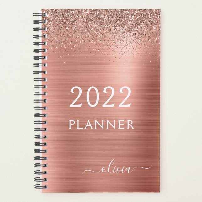 2022 Rose Gold Blush Pink Glitzer Monogram Planer (Vorderseite)