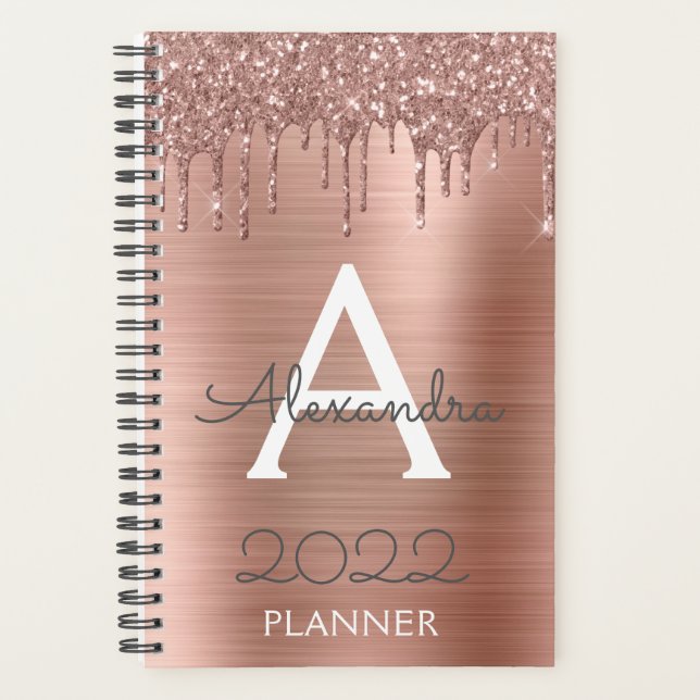 2022 Rose Gold Blush Pink Glitzer Sparkle Monogram Planer (Vorderseite)