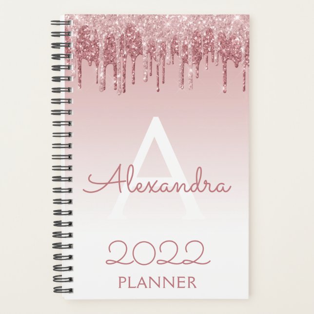 2022 Rose Gold Blush Pink Glitzer Sparkle Monogram Planer (Vorderseite)