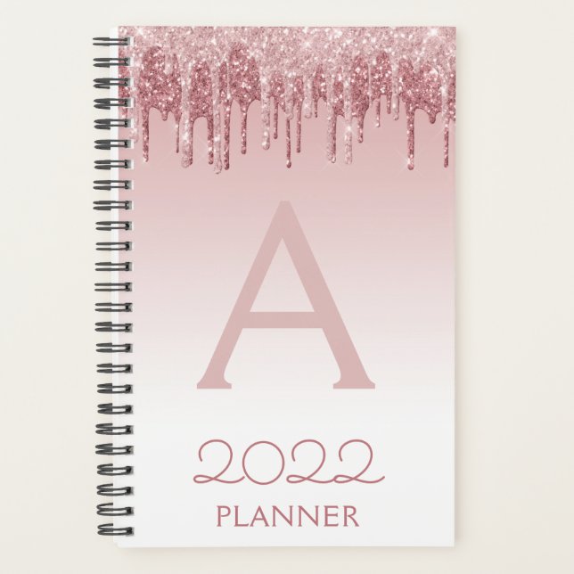 2022 Rose Gold Blush Pink Glitzer Sparkle Monogram Planer (Vorderseite)