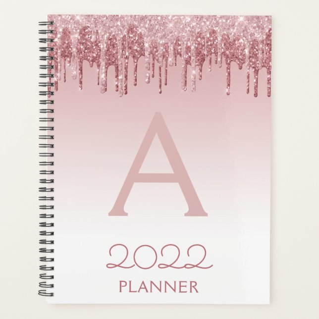 2022 Rose Gold Blush Pink Glitzer Sparkle Monogram Planer (Vorderseite)