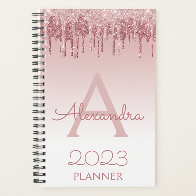 2022 Rose Gold Blush Pink Glitzer Sparkle Monogram Planer (Vorderseite)