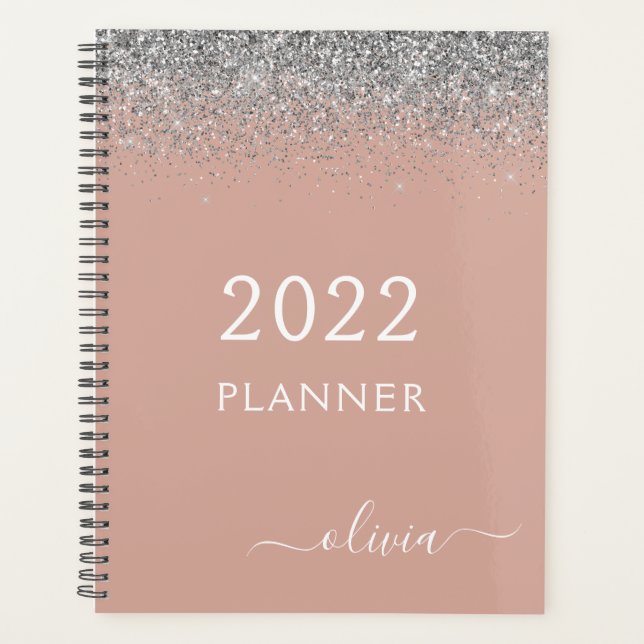 2022 Rose Gold Blush Pink Silver Glitzer Monogram Planer (Vorderseite)