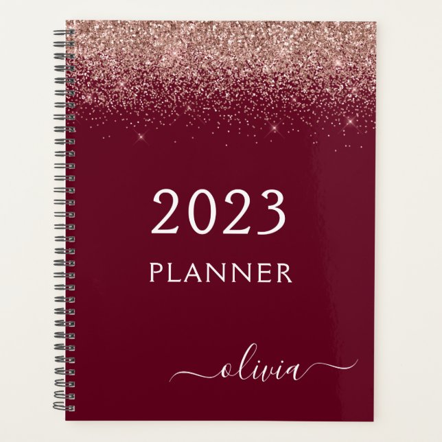 2022 Rose Gold Pink Burgundy Glitzer Monogram Planer (Vorderseite)